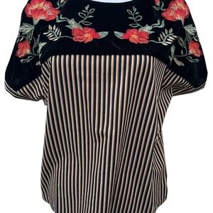 THML‎ Velvet Embroidered Boho Folk Top Black Red Floral Size M